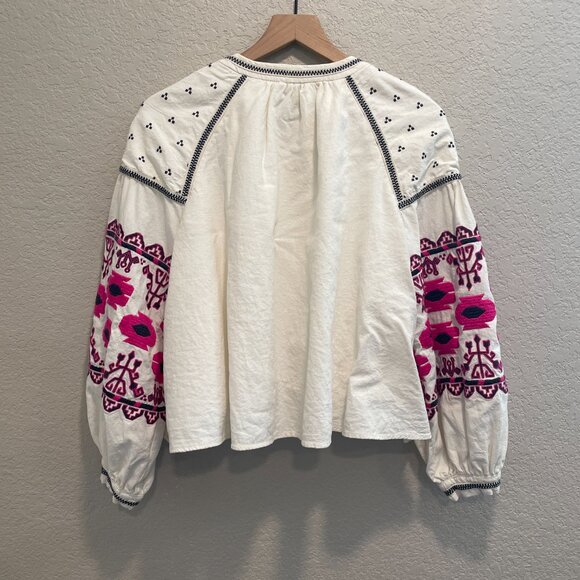 Free People Linen Cotton Bohemian Embroidered Balloon Sleeve Cropped Jacket M - Picture 8 of 8